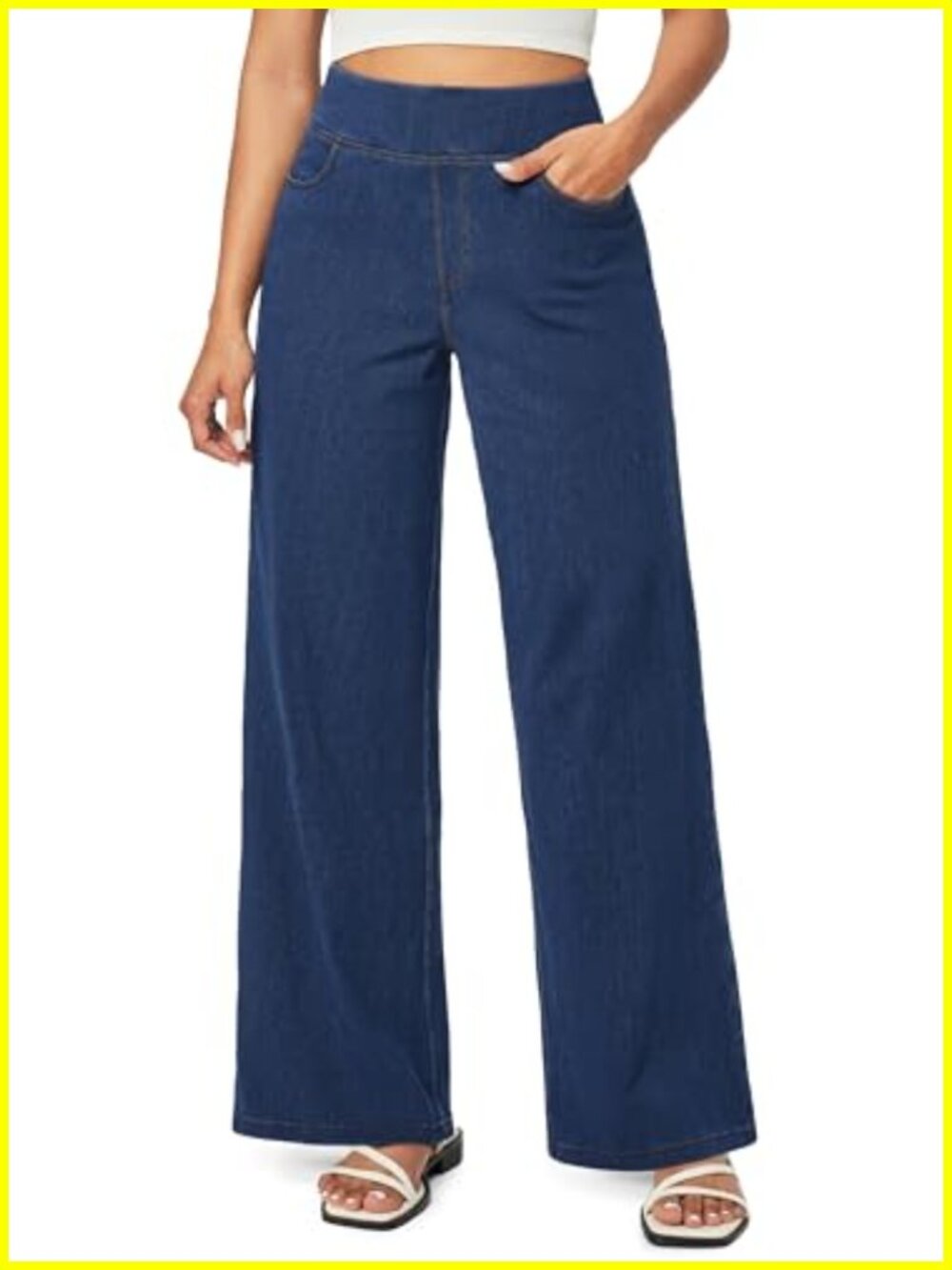 High Waisted Wide Leg Pull On Jeans for Women Stretch Denim Pants